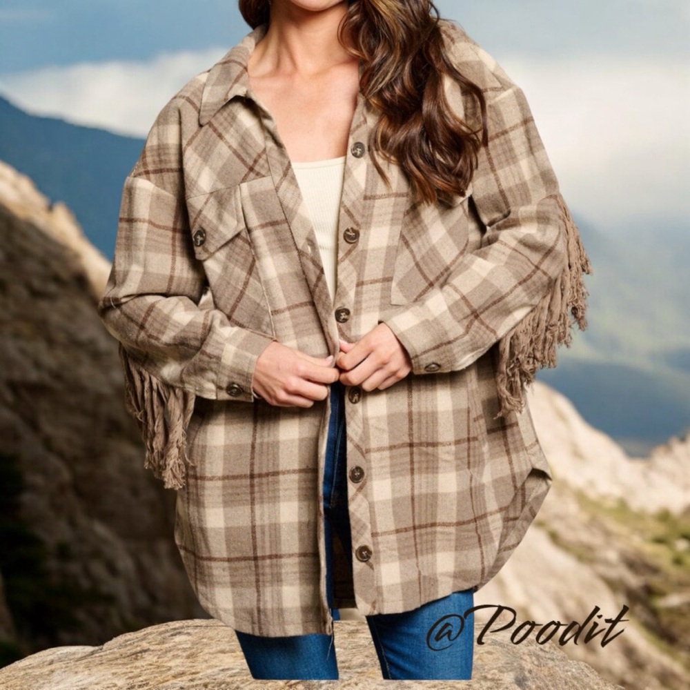 Fantastic Fawn Beige Plaid Fringe Shacket! unique style